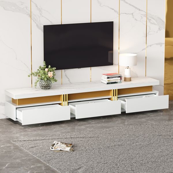 TV-Schrank 200x40x42 cm + Couchtisch 100x50x40 cm, Weiß mit Marmor-Optik Tischplatte und goldenen Metalllstreifen