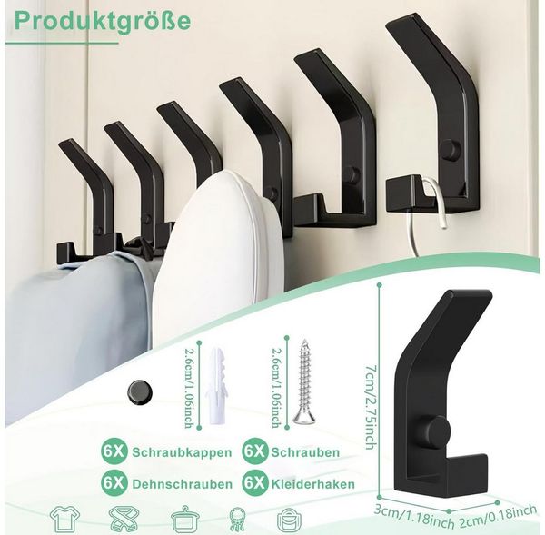 Forrlite Kleiderhaken, Garderobenhaken, Kleiderhaken zum Schrauben, Wandgarderobe, (Haken für Akustikpaneele, Schlafzimmer, Wohnzimmer, Badezimmer, (6-St), Wandhaken für Garderobe, Jacken, Hut, Metall, Schwarz)