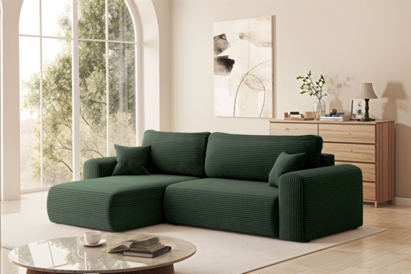 Ecksofa Schlafsofa FLORA Stoff Poso Grün Ottomane Links