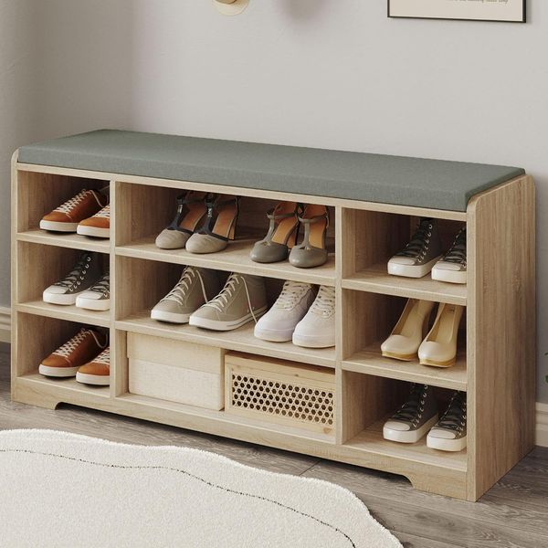 Schuhbank, Schuhregal mit Sitzfläche, Sitzbank mit Stauraum, Kissen, 9 Fächer, 30 x 103 x 52,7 cm, verstellbare Ablagen, für Wohnzimmer, Flur, Schlafzimmer, Weißeiche