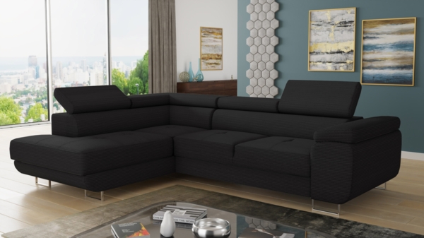 Ecksofa Caris mit Schlaffunktion und einstellbare Kopfstützen, Cord Stoff, Wohnlandschaft mit Bettkasten, Couch, Sofa, Bettsofa (Schwarz (Poso 135), Ecksofa Links)