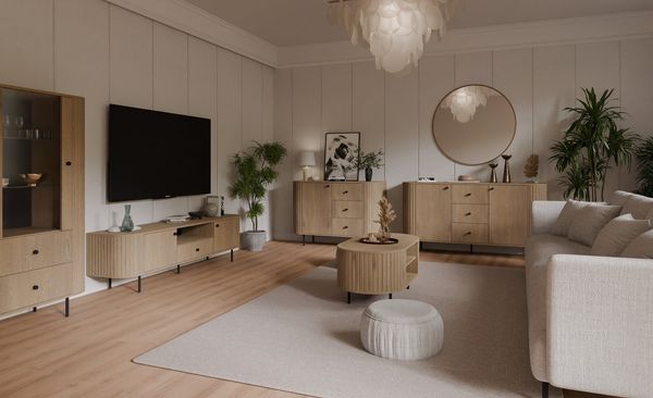 Compleo Kommode japandi mit Lamellen, Eiche cremona, beige Breite: 165 cm OVI, Ideal für Wohnzimmer oder Esszimmer