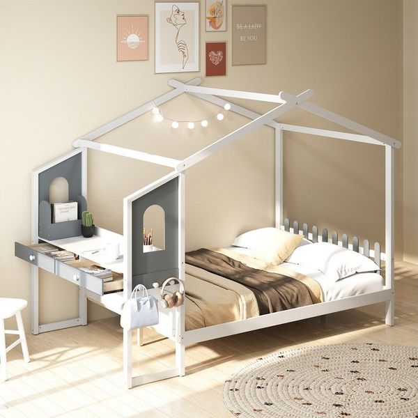 COSTWAY Kinderbett, Hausbett, mit Lattenrost & Schreibtisch, 140x200cm