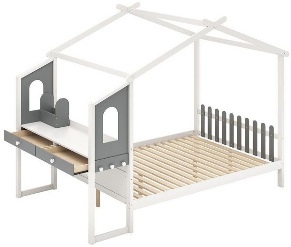 COSTWAY Kinderbett, Hausbett, mit Lattenrost & Schreibtisch, 140x200cm