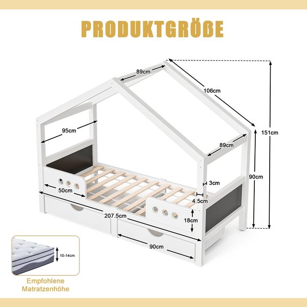 LVHOM Hausbett mit 2 Schubladen und Kreidetafel, Massivholz natur, 90x200 cm Bild 6