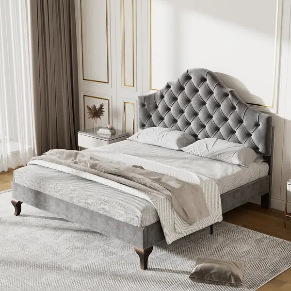 Polsterbett, Doppelbett mit Lattenrost, 140x200 cm, Kopfteil höhenverstellbar, Samt