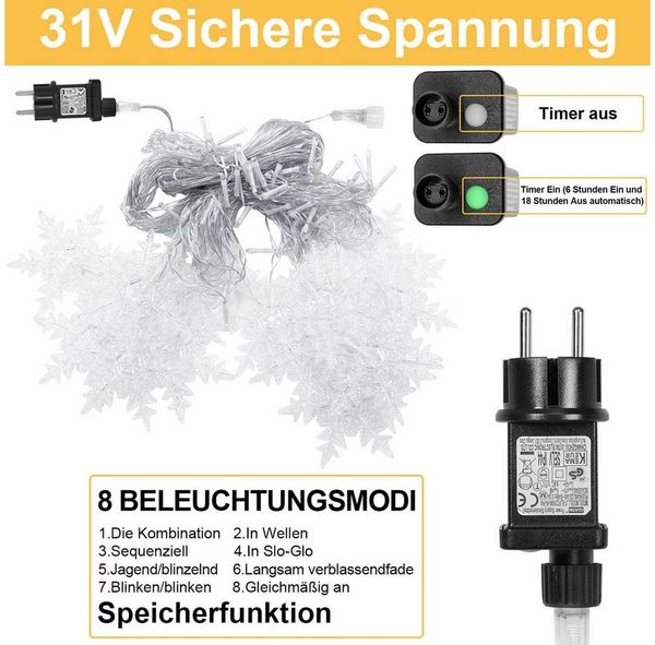 SERBASIC LED-Lichtervorhang Schneeflocken, 8 Modi, LED Lichterkette Timer fur Innen Außen, Bunt, Für Fenster, Balkon & Weihnachtsbeleuchtung