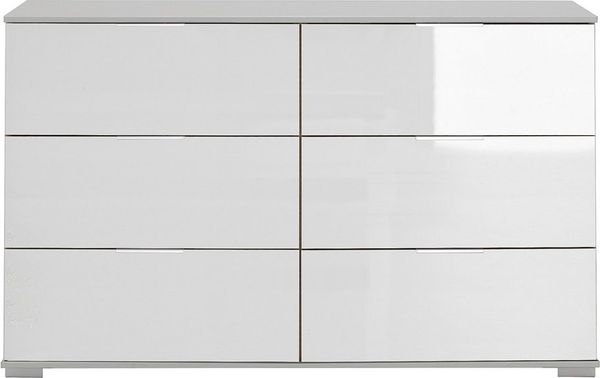 Lomadox Kommode ELSTRA-43, Schlafzimmer mit 6 Schubladen in weiß mit weißem Glas, 130/83/41 cm