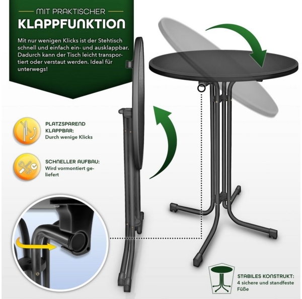 tillvex® Gastro Stehtisch klappbar Ø80cm schwarz | Bistrotisch FERTIG MONTIERT | Klapptisch rund - wetterfester Partytisch | Gartentisch Indoor & Outdoor Bild 2