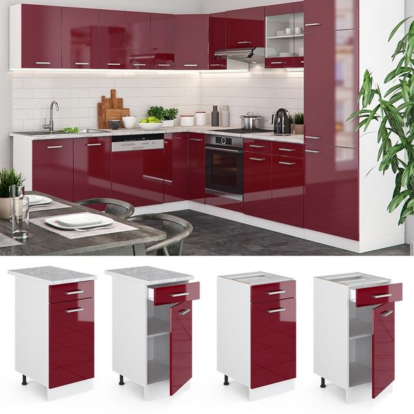 Küchenunterschrank R-Line Rot Hochglanz 40 cm , AP Marmor Vicco Bild 2