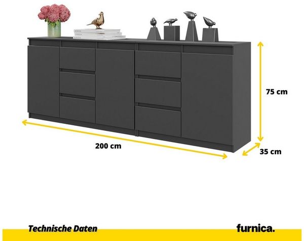 Furnica Kommode MIKEL, 6 Schubladen und 3 Türen - Anthrazit Grau H75cm B200cm T35cm
