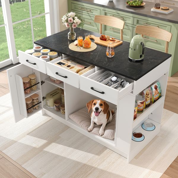 Kücheninsel, Schrank mit 3 Schubladen 1 Gewürzablage verstellbare Regalplatte Doppelablage ohne Hundefutterteller geräumiger Haustieraufbewahrungsbereich ohne Hundekissen, Holz, Weiß, 120×60×90 cm