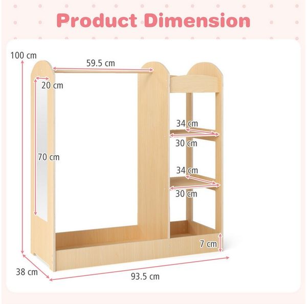 COSTWAY Kleiderschrank Kinderkleiderschrank mit Spiegel, aus Holz