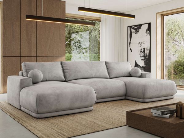 XXL Wohnlandschaft RINA U-Form 360 cm breit, Sofa mit Schlaffunktion & DL-Mechanismus, Wellenfederung, modern freistehend - Hellgrau Velvet