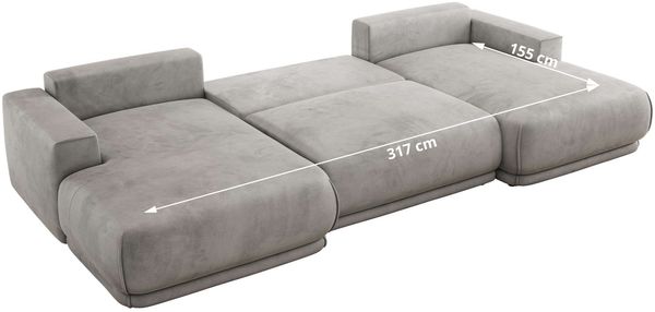 XXL Wohnlandschaft RINA U-Form 360 cm breit, Sofa mit Schlaffunktion & DL-Mechanismus, Wellenfederung, modern freistehend - Hellgrau Velvet Bild 8
