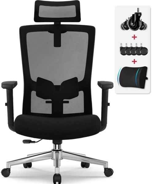 Ergonomischer Bürostuhl mit verstellbarer Lendenwirbelstütze und Kopfstütze