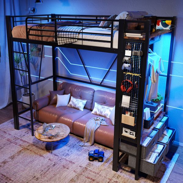 Hochbett 90×200 cm mit Rausfallschutz, LED, Stauraum, Schwarz, ohne Matratze