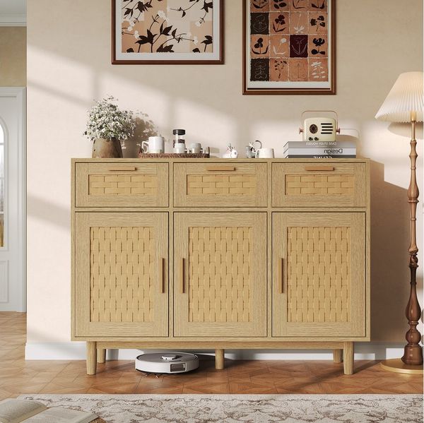 FUROKOY Sideboard Rattan Küchenschrank us Holz (Buffetschrank Highboard mit 3 Schubladen und 3 Türen), für Schlafzimmer, Wohnzimmer, Flur, 108 x 40 x 80 cm, Holzfarbe