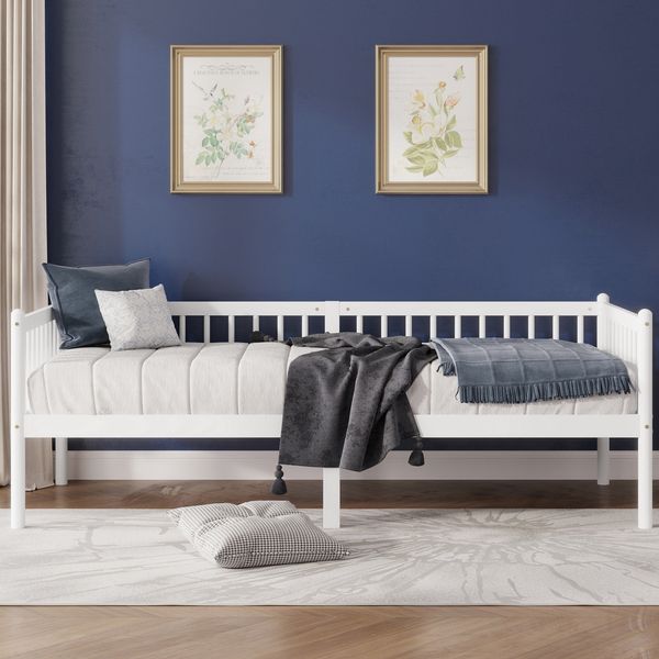 Kiefernholz-Tagesbett 90*200 cm, Schlafsofa mit 3-seitigen Geländern & 14 Tragleisten, Weiß