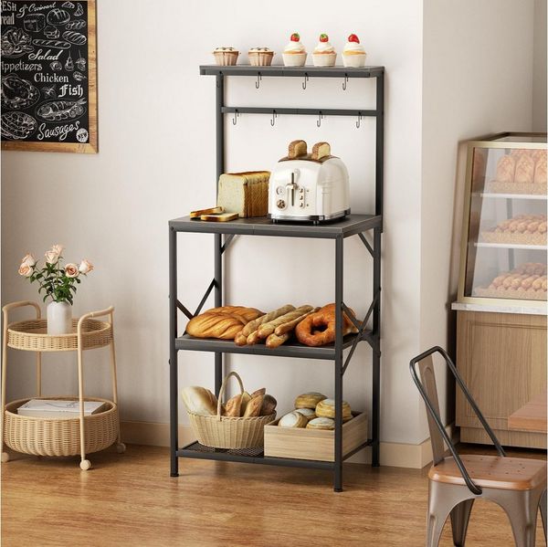 BBWL Standregal für Mikrowelle und Küche mit Anti-Kipp-Schutz, Metallrahmen, 53 x 36 x 125,5 cm, verstellbare Füße,S-Haken und Metallgitter, vielseitige Aufbewahrung