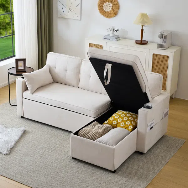 Ecksofa mit Bettfunktion, Stauraum, Zier- und Rückenkissen, Leinen