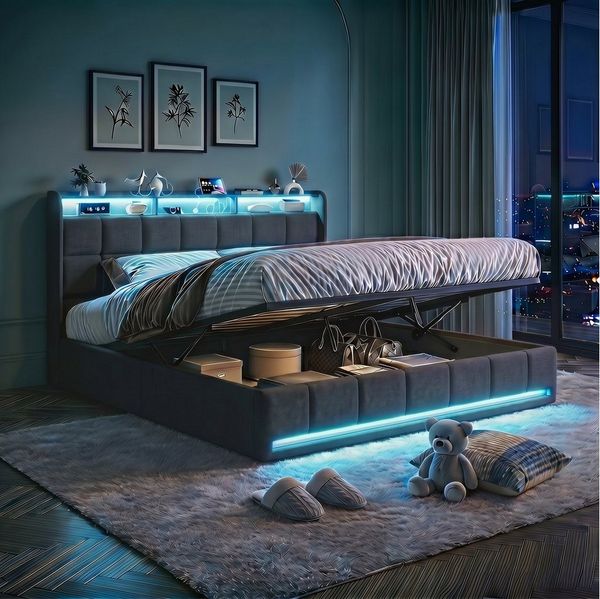 PXloue Polsterbett LED-Bett mit Stauraum und Ladeanschluss (Geeignet für Jugendliche und Erwachsene), Hydraulisches Stauraumbett, Bettkasten, Leinen