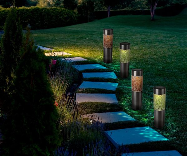 näve LED Solarleuchte Havanna, LED fest integriert, Warmweiß, 4er-Set Dekoerdspieß grau, Glaseinsatz 2x grün, 2x orange, H: 33,5 cm