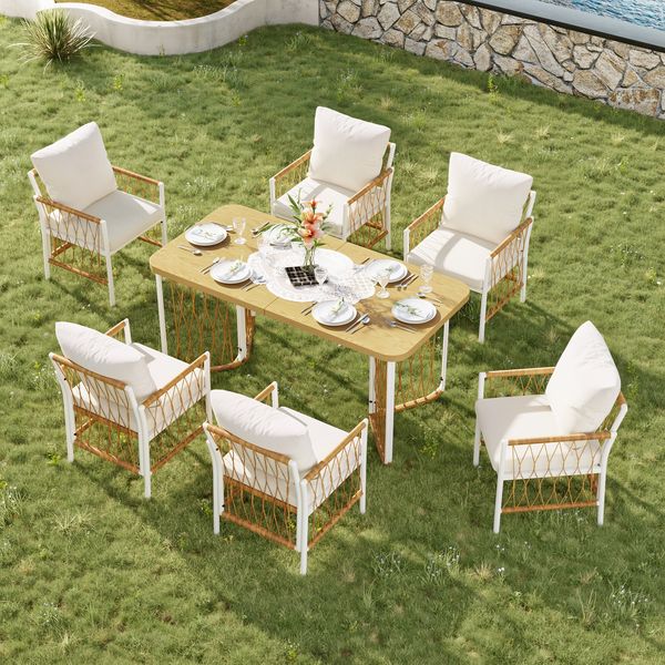 Garten-Esstischset beige-braun-natur 159,5×77,5×75 cm aus Eisengestell, Polyester-Seil und Kunststoffholz-Tischplatte