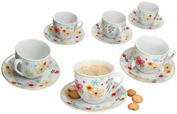 MamboCat Tasse 6er Set Variant Blümchen Kaffeetassen mit Untertassen für 6 Personen, Porzellan