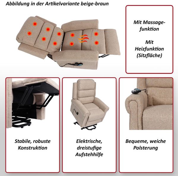 Fernsehsessel HWC-K63, Relaxsessel Sessel, Liegefunktion Aufstehhilfe Massage Heizfunktion, Stoff/Textil ~ beige-braun Bild 2