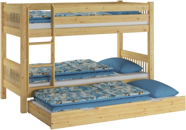 Etagenbett hoher Bettabstand massive Kiefer Zubehör wählbar Liegefläche 90x200 V-60.12-09Ni100Rollrost und Gästebettkasten inkl. Bild 1