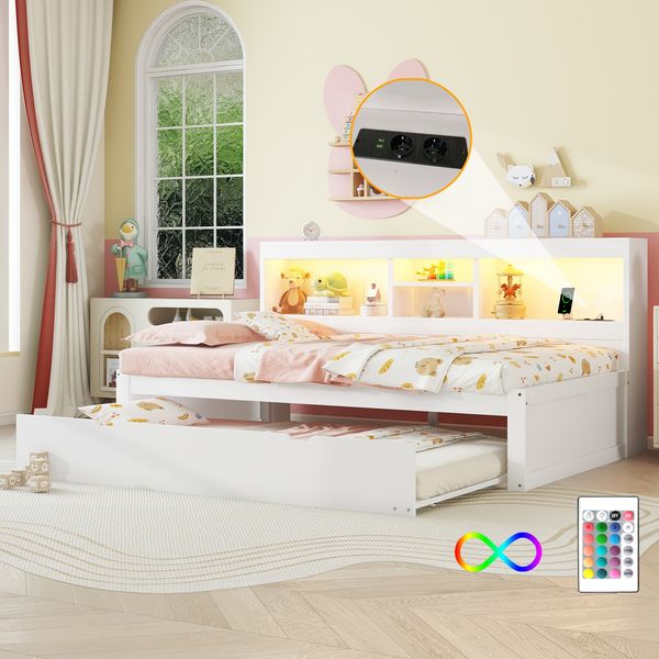 Schlafsofa, Daybett, Tagesbett, 90*200cm , Mit LED-Leuchten, Bettseitiges Staufach, Ausziehbares Bett, Steckdose + USB, Ohne Matratze, Weiß