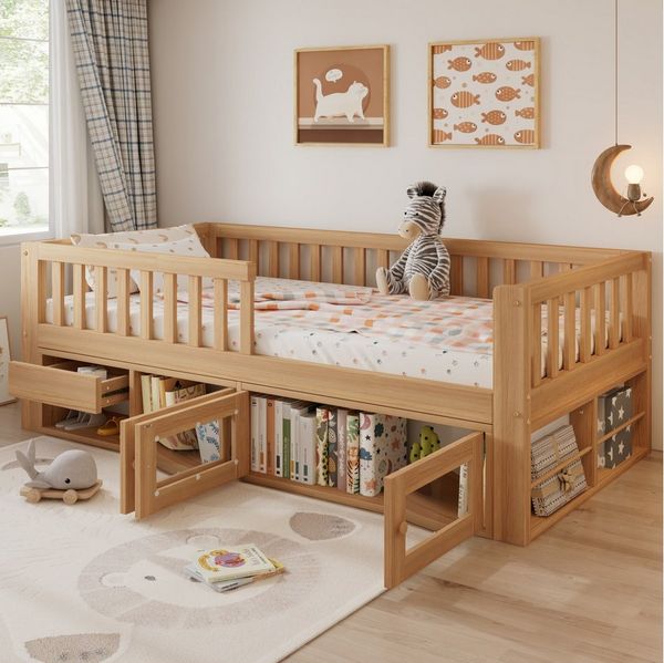 Flieks Kinderbett, Massivholzbett 90x200cm mit Stauraum, Lattenrost und Geländer