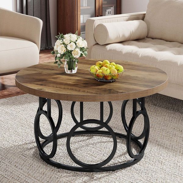 Tribesigns Couchtisch 80cm runder Beistelltisch mit Metallsockel, industrieller Mitteltisch