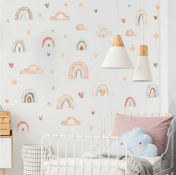Montegoni Wandtattoo 3 Bögen Kinder Wandsticker (Wandaufkleber mit Regenbogen Herzen Sterne Wolken Muster, Dekoration Kindergarten Heimdekoration), Wandaufkleber für Mädchenzimmer, Babyzimmer