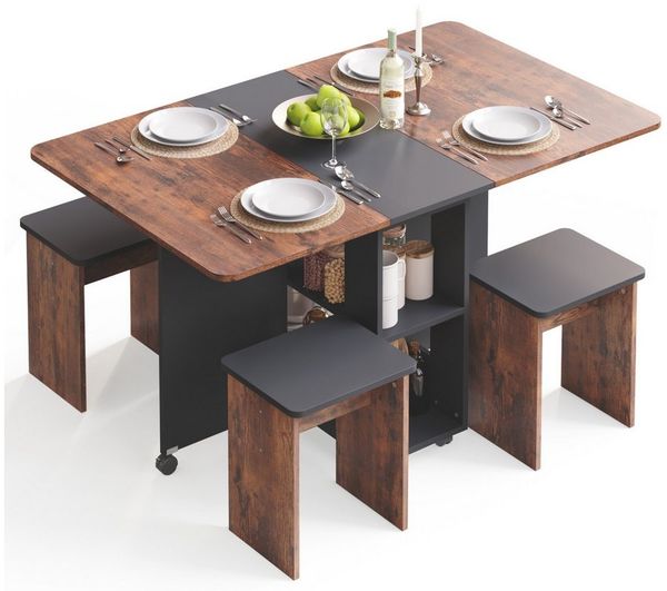 Mondeer Essgruppe Esstisch mit 4 Hockern, Platzsparend, 3-in-1-Funktion, Rollbar & Stabil 120x80 cm