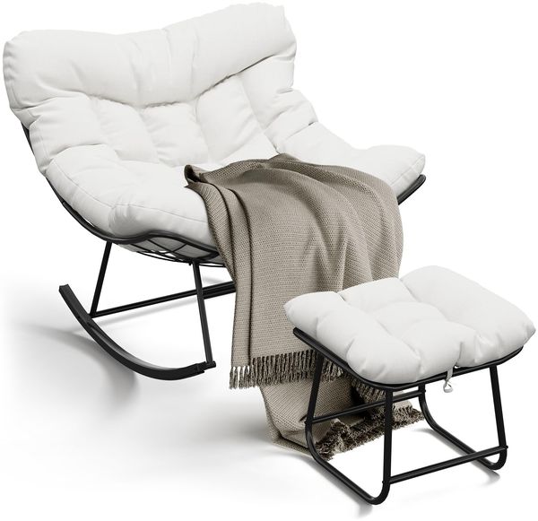 GarveeHome Schaukelstuhl Oversized mit Fußhocker, Schaukelsessel mit dickem Kissen & Metallrahmen, Relaxsessel für Poolside, Garten und Hinterhof, Tragfähigkeit