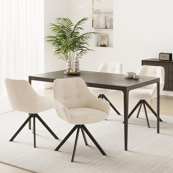 MALOL Drehbare Esszimmerstühle 4er Set, 360° Drehbare Armlehnstühle mit weichem Florstoff & Metallgestell, Bequeme Esszimmerstühle Drehbar mit Rückenlehne für Küche, Esszimmer, Büro, Beige