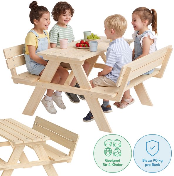 Bellabino 'Inny' Sitzgarnitur für Kinder mit Lehne, Kiefer massiv, natur unbehandelt, 50x102x89 cm, Kindersitzgarnitur für 4 Personen, ab 2 Jahren
