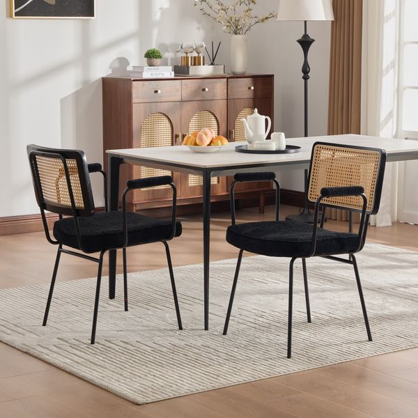 YakoHome Esszimmerstuhl Schwarz 62,5x58x82 cm – 2er-Set, Massivholzrahmen mit Rattan-Optik, weiches Chenille-Polster, verstellbare Füße