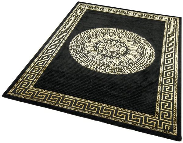 Carpetia Teppich Teppich Wohnzimmer mit Bordüre Mäander Muster schwarz gold, rechteckig, Höhe: 12 mm