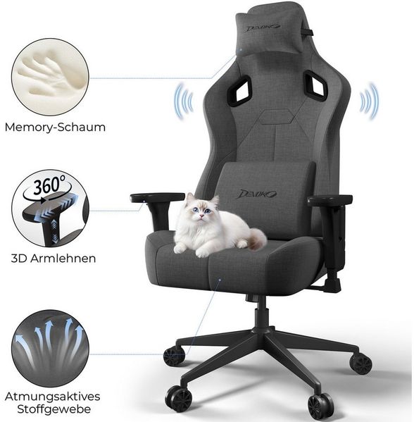 Devoko Gaming-Stuhl Luxuriöser Wildlederimitat,Ergonomisch & Großzügigem Sitz,Bürostuhl, Atmungsaktiver Stoff, Memory-Schaum, Leiseroller, Gaslift Stufe 4