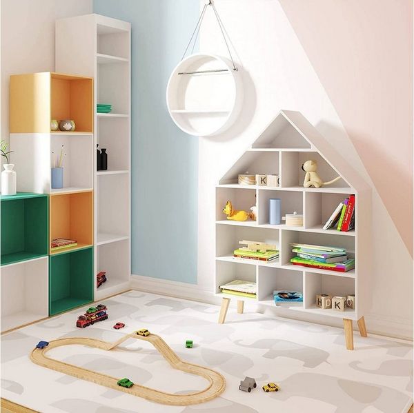 Woltu Bücherregal, 1-tlg, Standregal Hausform Kinderregal mit 5 Ebenen, Weiß