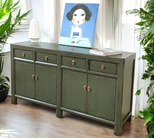 Chinesisches Sideboard oliv vintage schlicht Schrank Kommode Kolonial-Stil Antik-Stil Lowboard asiatisch orientalisch Fernost shabby-chic Landhaus