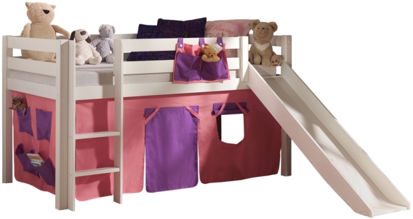 Kinderbett mit Rutsche Karolina Massivholz Weiß Textilset Bella