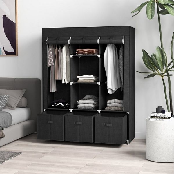 HOMCOM Stoffschrank Kleiderschrank mit Kleiderstangen und Schubladen (Faltbare Garderobe, 1-St, Faltschrank) Schwarz, 125 x 43 x 162,5 cm