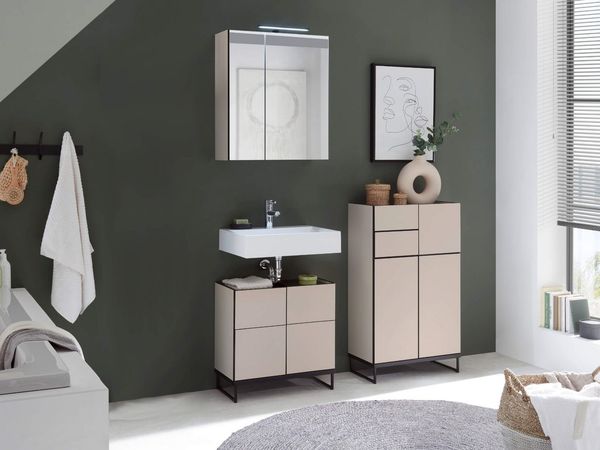 moebel-dich-auf Badmöbel-Set VENEZIA, (inklusive LED-Beleuchtung, kaschmir Spiegelschrank WBU optional mit Hoch-/Highboard), Metall Füße
