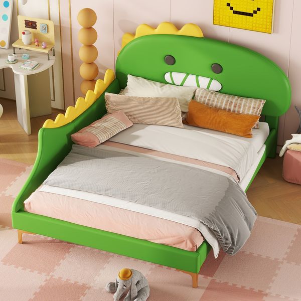 Bett 140x200 cm im Dinosaurier-Design, gepolstertes Kopfteil aus PU & MDF, Grün
