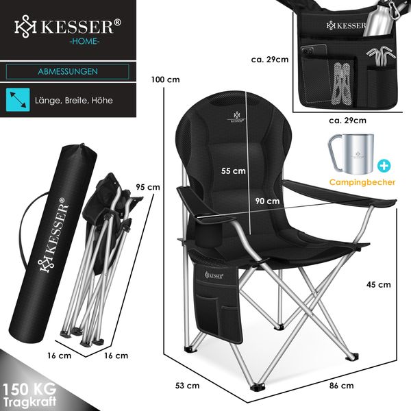 KESSER® Campingstuhl faltbar bis 150 kg Angelstuhl Faltstuhl Klappstuhl Gepolstert mit Armlehnen, Getränkehalter + Tasche mit hoher Rückenlehne, Strandstuhl, Klapphocker Schwarz / Schwarz Bild 9