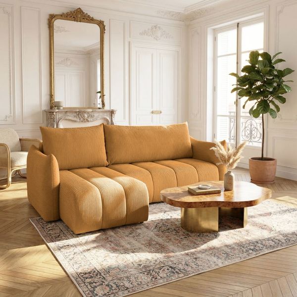 Ecksofa Schlafsofa ONTARIO XS in Stoff Poso Senfgelb Ottomane Links
